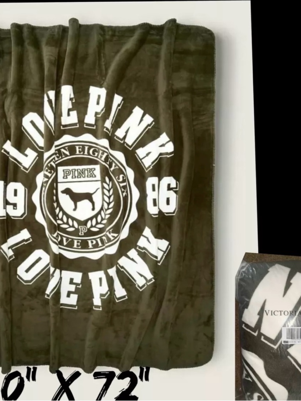 PINK Victoria's Secret Olive Green LOVE PINK Logo Sherpa Throw